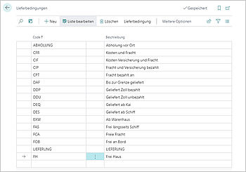Neue Lieferbedingung anlegen in Business Central